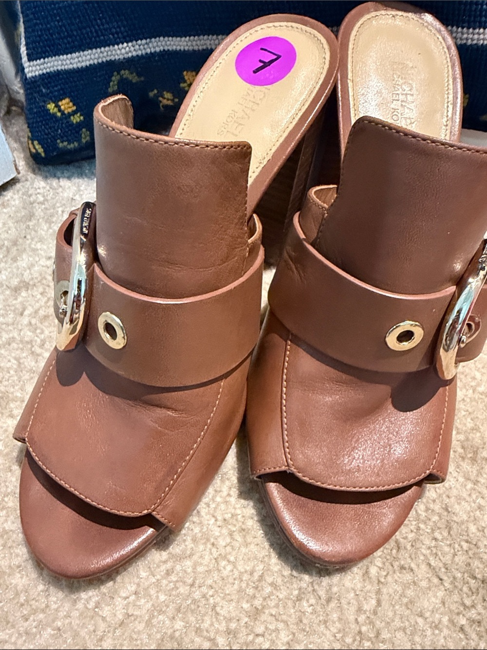 Michael Kors Women's Brown Leather Slide 3” Heel with Decorative Buckle